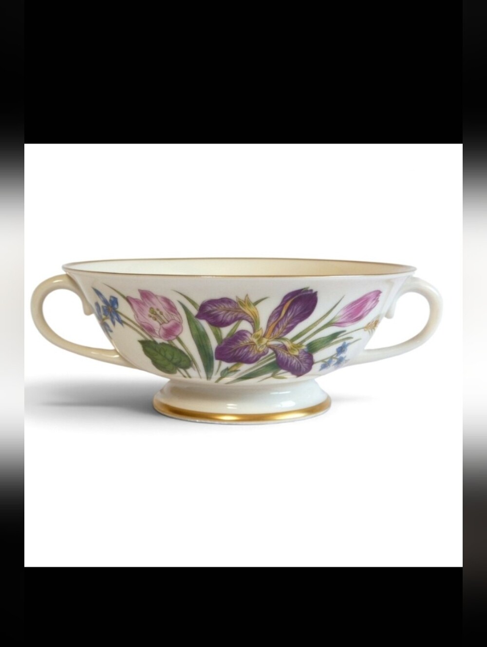 Floral Double-Handled Porcelain Soup Bowl with Gold Trim